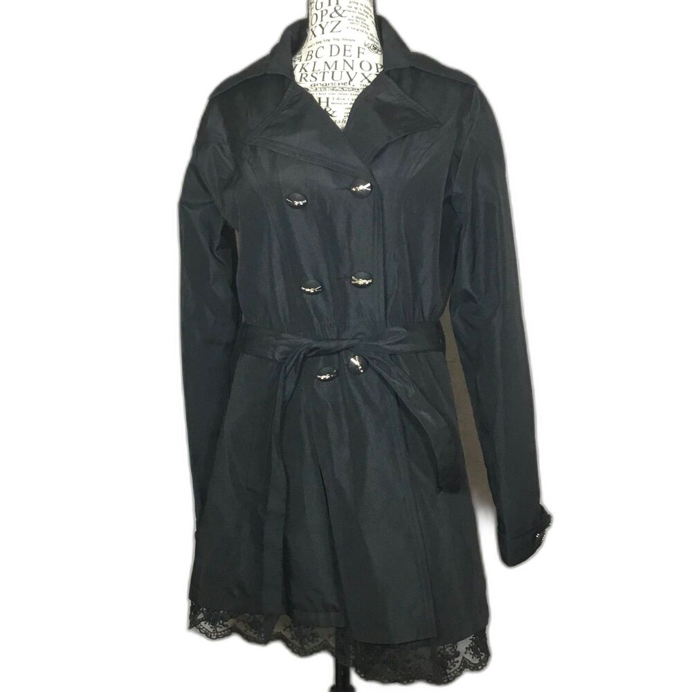 Black trench coat lace hem zipper design buttons belt tie front pockets M